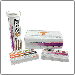 The image shows four rectangular boxes and a cylindrical tube. The text on the boxes reads “BRAKE STRIP,” “BRAKESTRIP PLUS,” and “COPPER CORROSION LEVEL 300 COOLANT STRIP.”