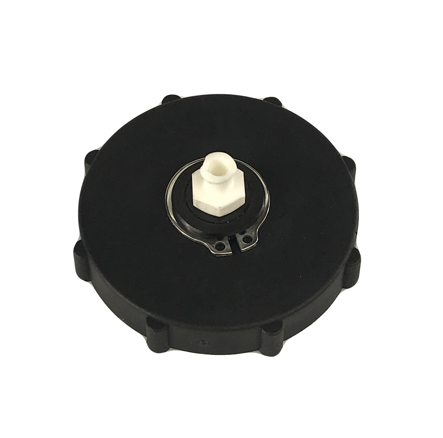 Black BC-03 Master Cylinder Cap Adapter with a white threaded top sits on a gray background. The adapter is designed for bleeding the brakes on Nissan and most late model GM vehicles. It is a low-pressure adapter, designed for 15-17 psi. It is made of durable plastic and is easy to install. The adapter creates a good seal on the master cylinder reservoir and is easy to identify with its threaded top.