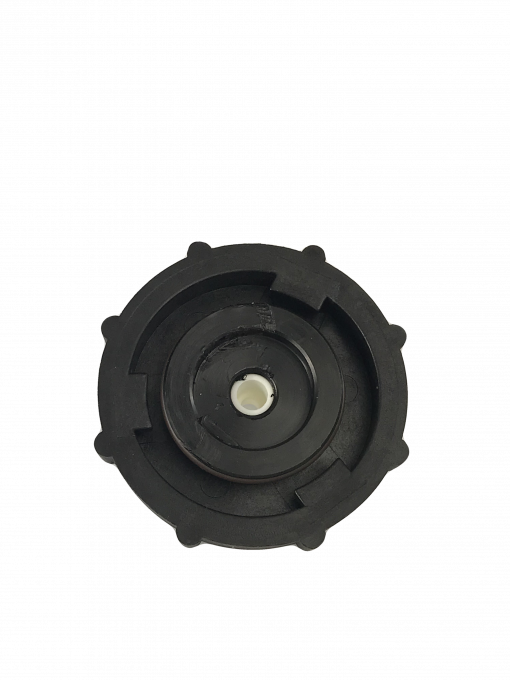 Black BC-03 Master Cylinder Cap Adapter with a white threaded top sits on a gray background. The adapter is designed for bleeding the brakes on Nissan and most late model GM vehicles. It is a low-pressure adapter, designed for 15-17 psi. It is made of durable plastic and is easy to install. The adapter creates a good seal on the master cylinder reservoir and is easy to identify with its  threaded top.
