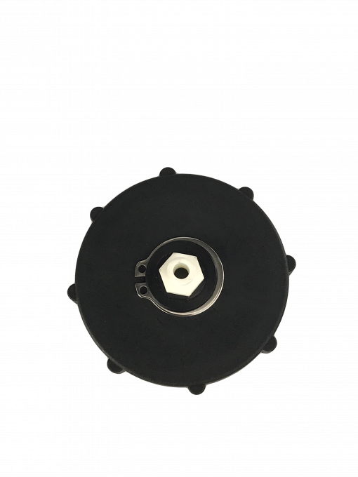 Black BC-03 Master Cylinder Cap Adapter with a white threaded top sits on a gray background. The adapter is designed for bleeding the brakes on Nissan and most late model GM vehicles. It is a low-pressure adapter, designed for 15-17 psi. It is made of durable plastic and is easy to install. The adapter creates a good seal on the master cylinder reservoir and is easy to identify with its  threaded top.