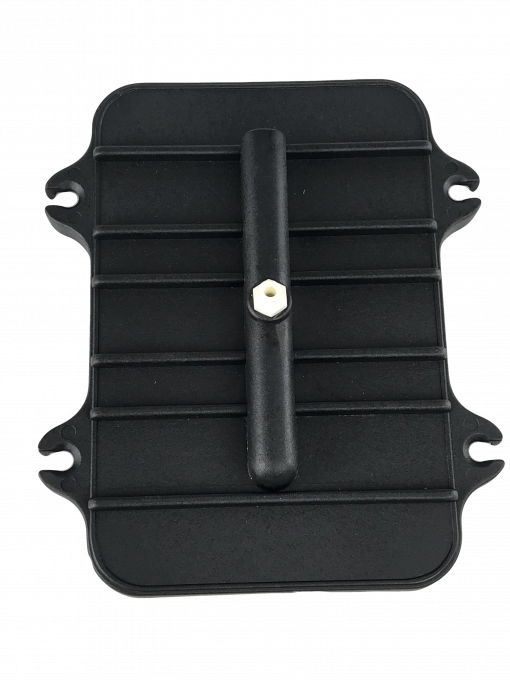 a close-up of a black, metal master cylinder cap adapter  for Chrysler and GM square type master cylinders. It has a textured, ribbed surface and a flat, round flange on the bottom. There is a threaded hole in the center of the adapter. The background is a medium gray.