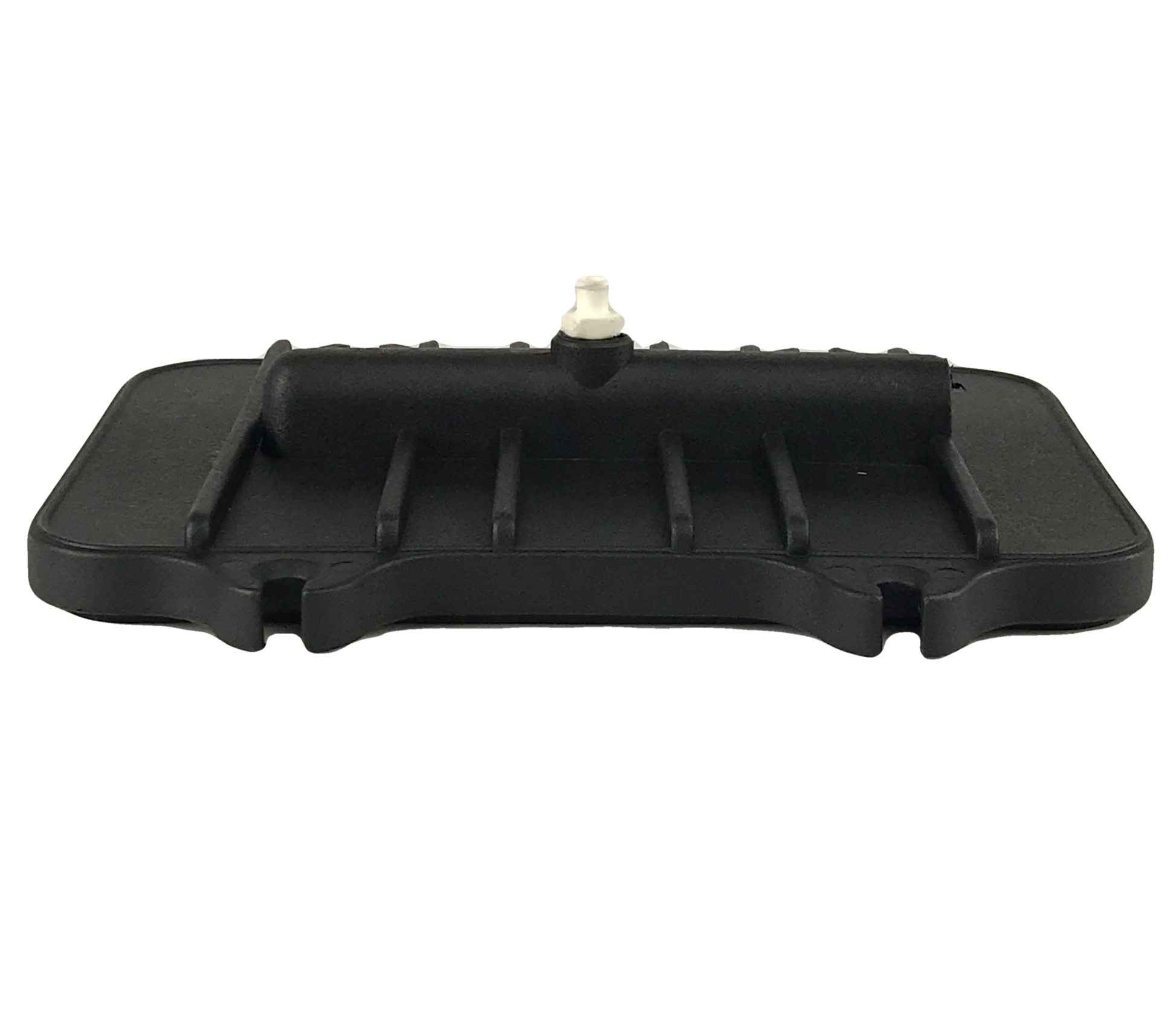 a close-up of a black, metal master cylinder cap adapter  for Chrysler and GM square type master cylinders. It has a textured, ribbed surface and a flat, round flange on the bottom. There is a threaded hole in the center of the adapter. The background is a medium gray.