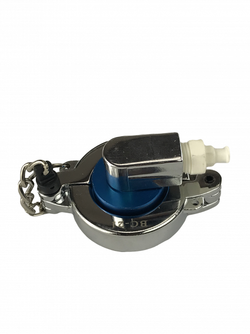 a pair of metal handcuffs. The handcuffs are connected by a hinge and have a shackle at each end. A key is inserted into the shackle of one handcuff. The handcuffs and key are silver in color. The background is gray.