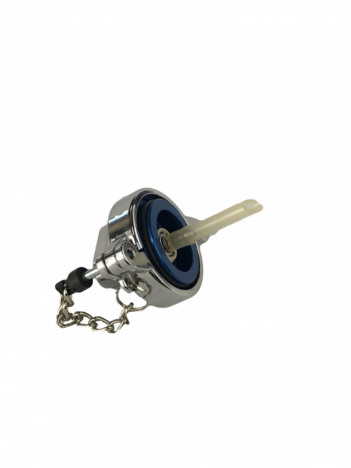 a metal object with a threaded end. A black rubber hose is attached to the threads. The metal object has a smooth, round surface. There are markings on the side of the metal object