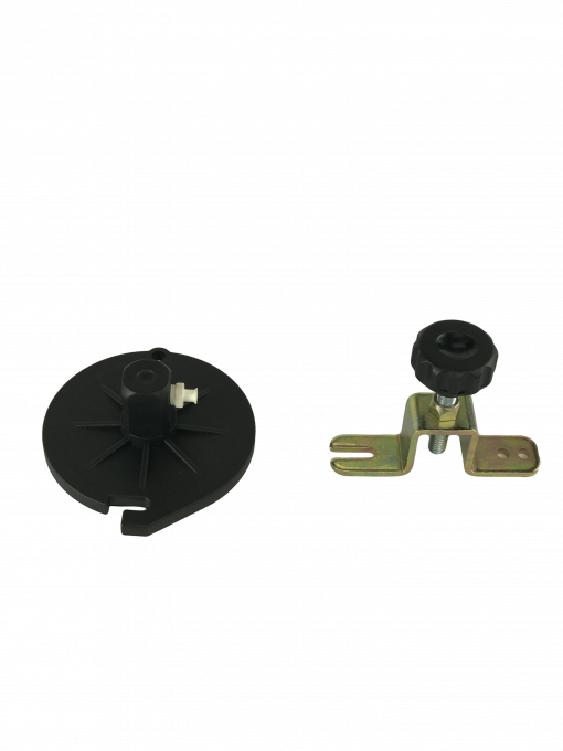 a black and yellow master cylinder cap adapter. Master cylinder cap adapters are tools used to replace the cap on a master cylinder, which is a part of a car's braking system.