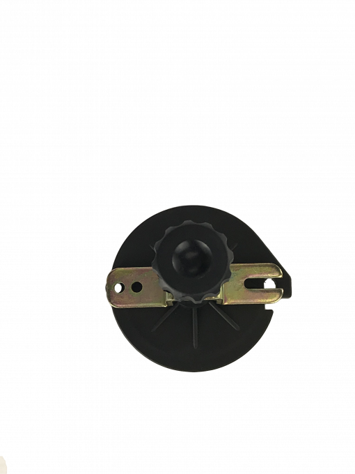 a black and yellow master cylinder cap adapter. Master cylinder cap adapters are tools used to replace the cap on a master cylinder, which is a part of a car's braking system.