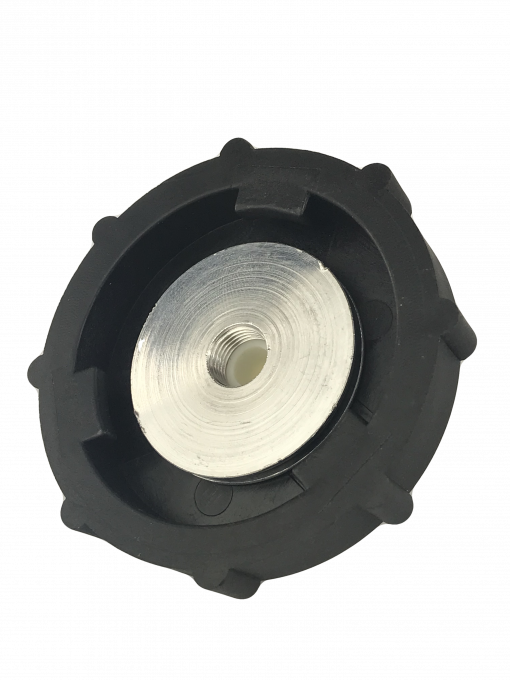 a BC-42 Master Cylinder Cap Adapter- GM 2013+ which is a black cap with a white top. It is a specialty tool used to convert a standard cap into a master cylinder cap on certain General Motors vehicles from 2013 onwards.