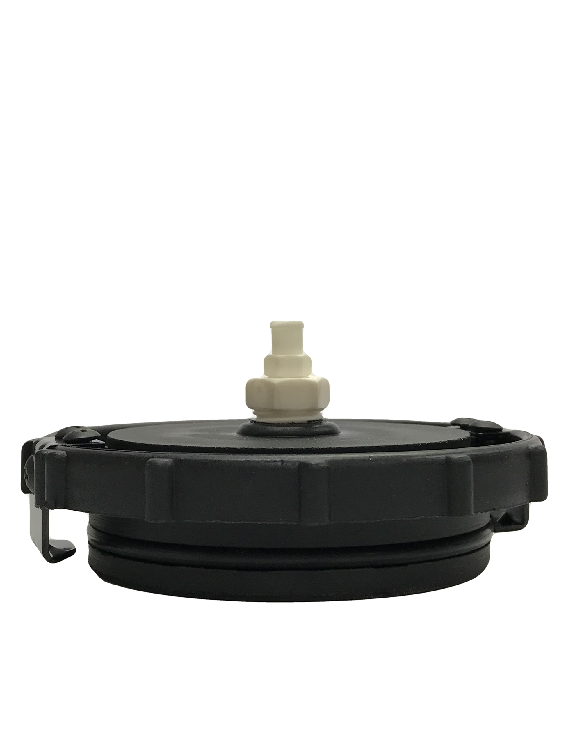 a close-up of a BC-12 Master Cylinder Cap Adapter- Honda Universal. It is a round, black object with a grooved outer edge. There is a small hole in the center of the adapter. The adapter is designed to be used on Honda vehicles to bleed the brakes.