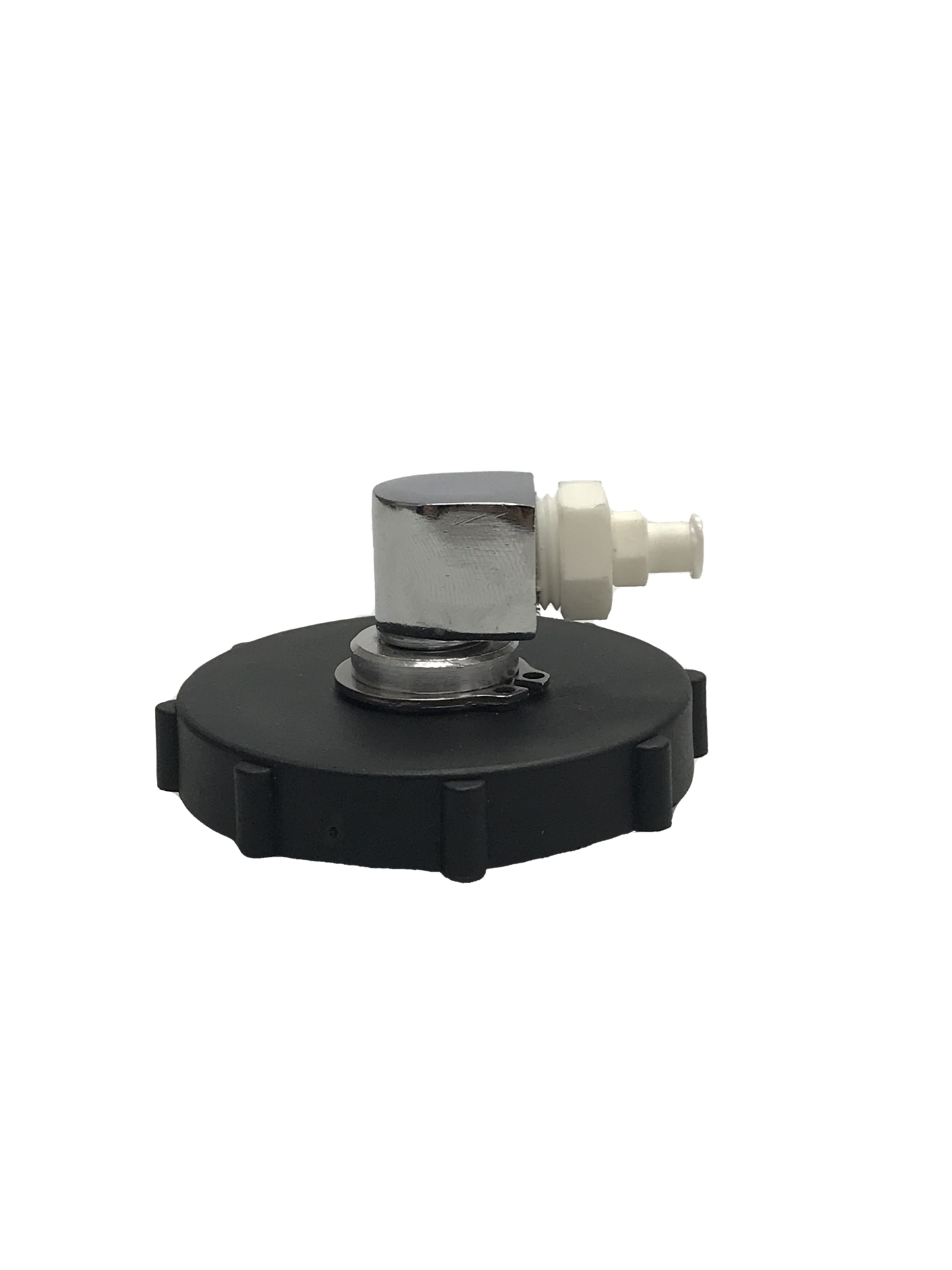 A close-up of a black cap with a white threaded connector on a neutral gray background. There are markings on the cap that say “Bc 41 Master Cylinder Cap Adapter”.