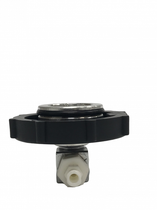 a close-up of a black master cylinder cap adapter with a white hose