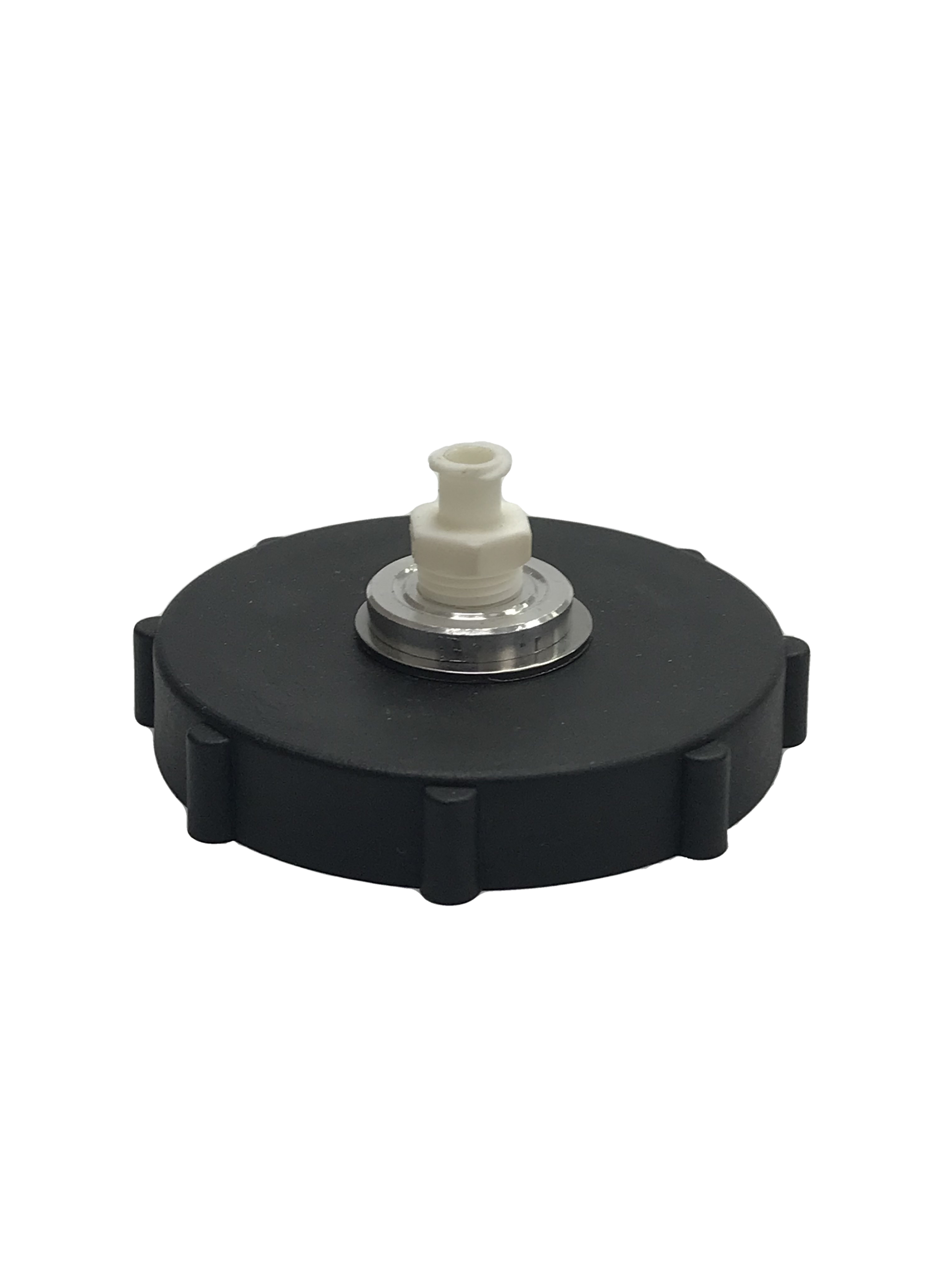 a BC-42 Master Cylinder Cap Adapter- GM 2013+ which is a black cap with a white top. It is a specialty tool used to convert a standard cap into a master cylinder cap on certain General Motors vehicles from 2013 onwards.
