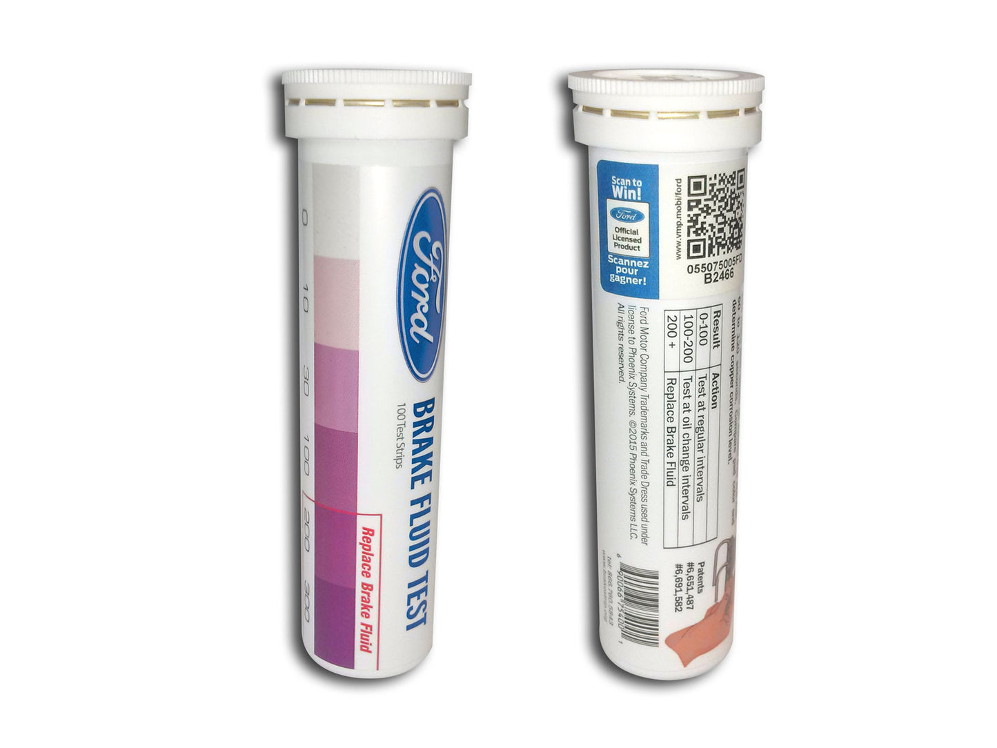 A cardboard package with a bottle of Ford brake fluid test strips is shown. The front displays the Ford logo and "Ford Brake Fluid Test 100 Test Strips" in blue and black text, with French text below. The back has a chart translating test strip readings to brake fluid change recommendations and legal text.