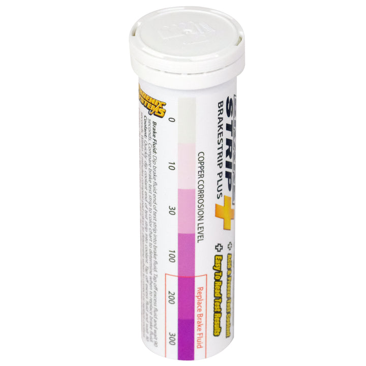 The image depicts a BrakeStrip Plus coolant test kit, a tube containing double-ended test strips for checking a vehicle&