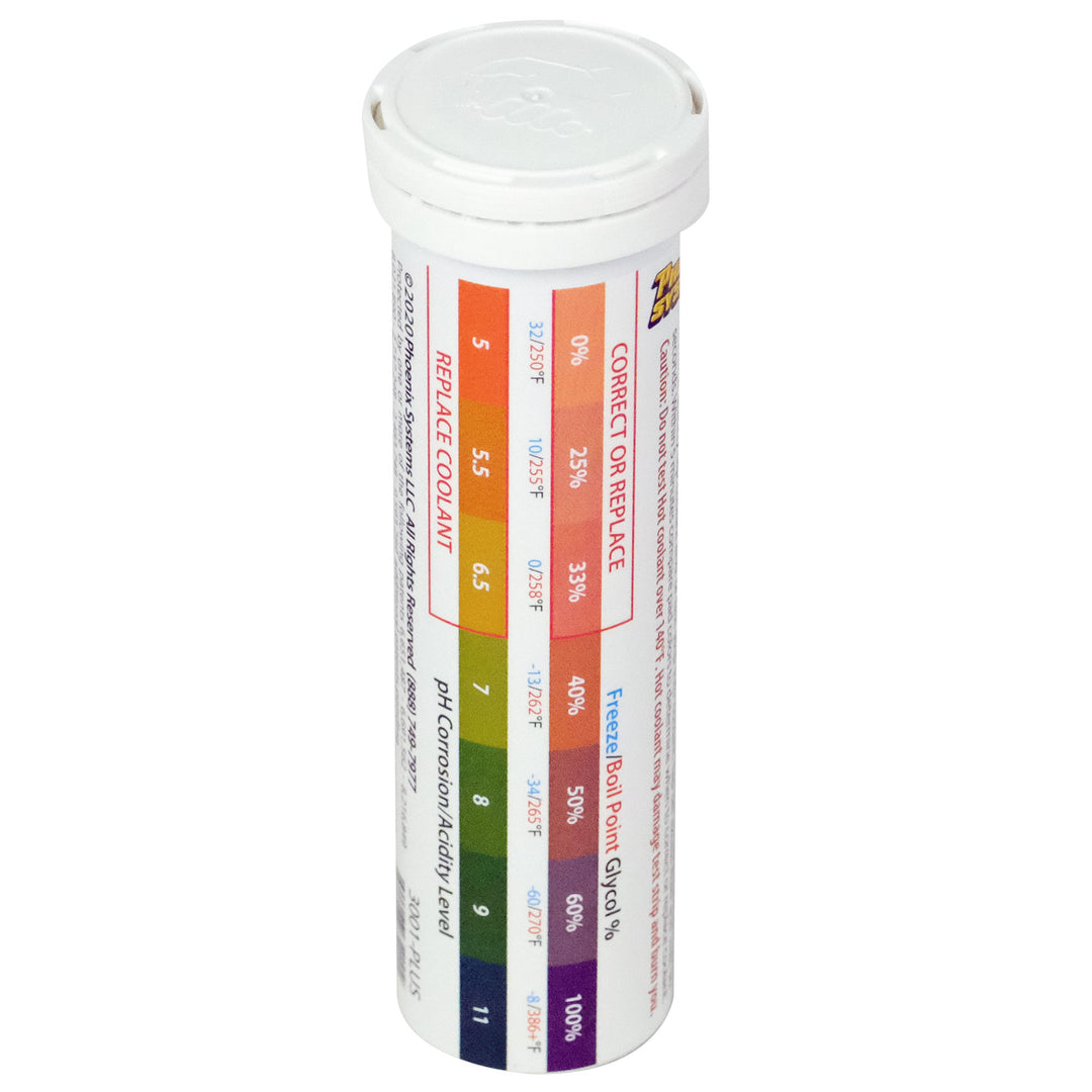 The image depicts a BrakeStrip Plus coolant test kit, a tube containing double-ended test strips for checking a vehicle&