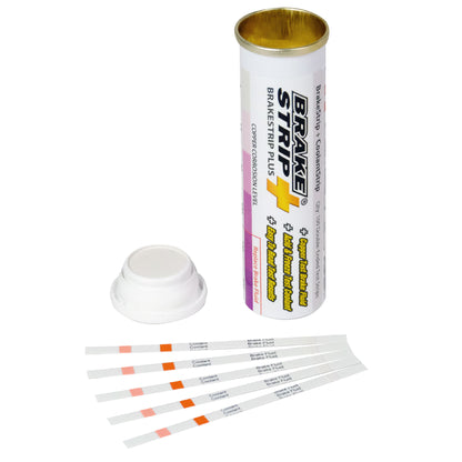 The image depicts a package of BrakeStrip Plus, containing 100 double-ended test strips designed for automotive service centers to assess brake fluid and coolant condition simultaneously. These easy-to-read strips come in a metal container with a lid featuring a molecular sieve for storage.