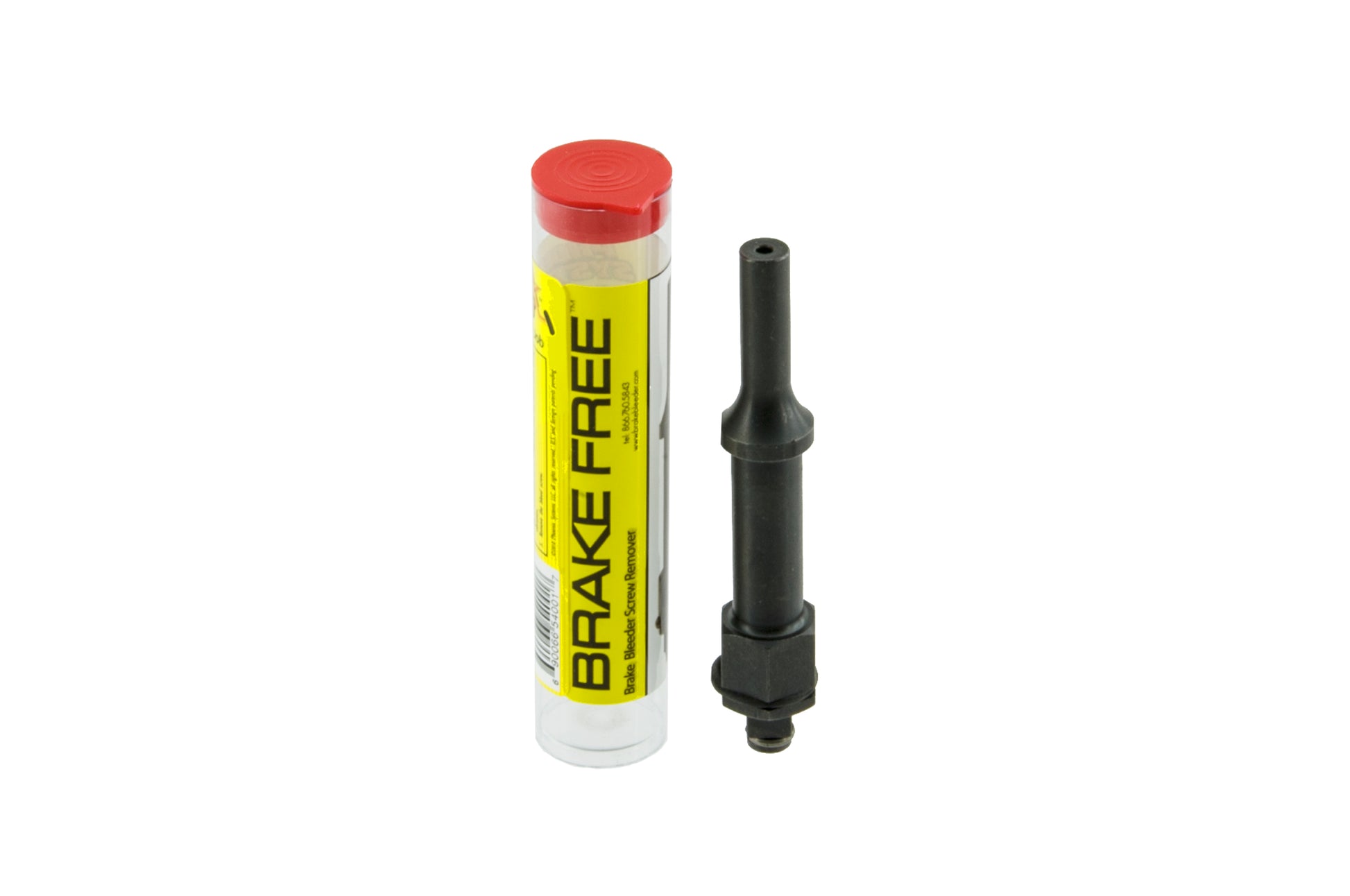 The image depicts a red and black tube labeled “Brake Free” positioned vertically next to a black plunger tool  on a white background. The text “BRAKE BLEEDER SCREW REMOVER” is printed  on the side of the plunger tool.  Brake free is a type of grease commonly used to lubricate parts that friction together, such as brakes.