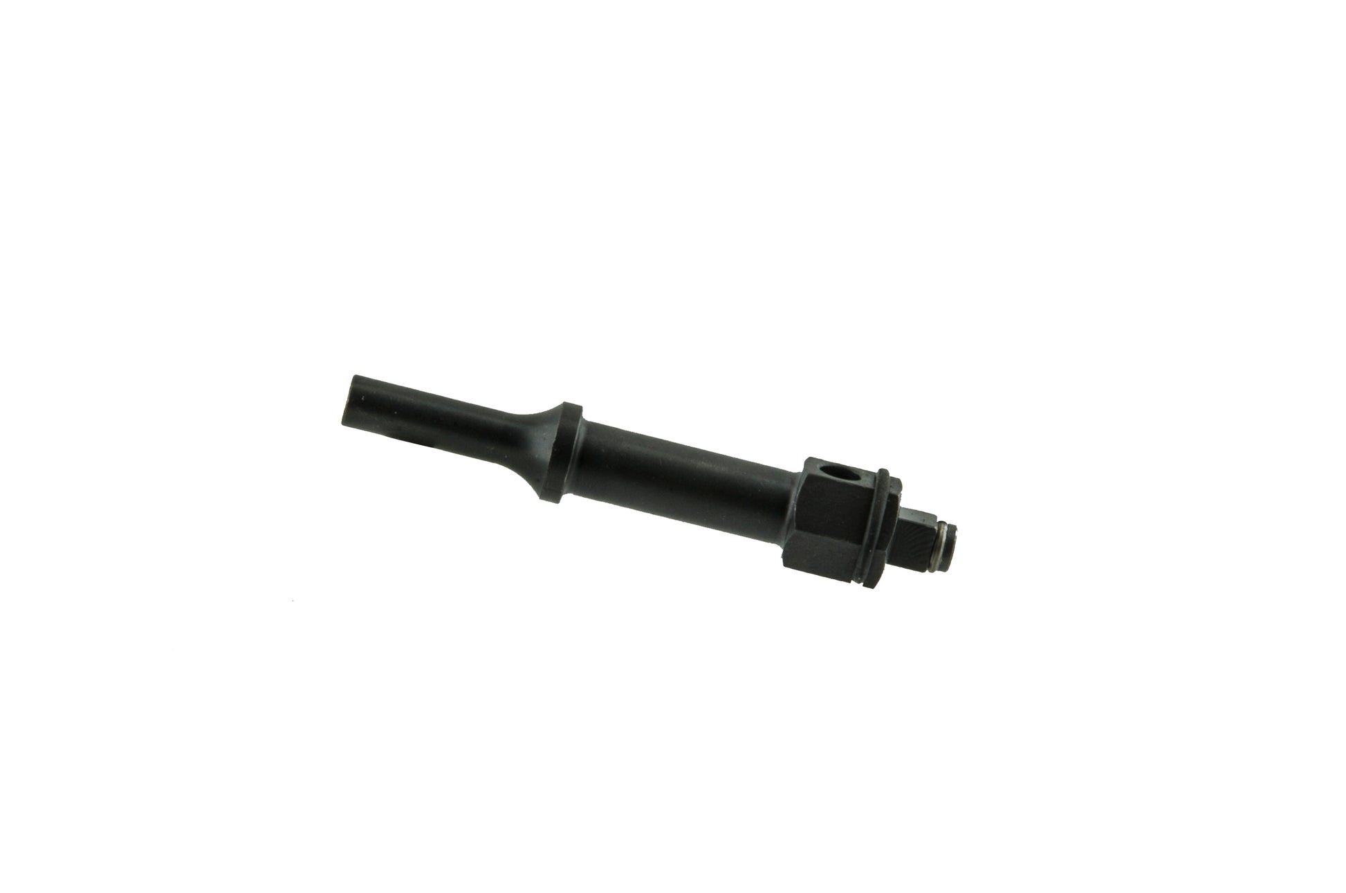 a tool called a brake bleed screw remover. It is a small, black metal tool that is used to remove stripped or damaged brake bleed screws from calipers. The tool has a plunger with a hole in the center that fits over the damaged screw. A screw in the handle of the tool tightens a collet, which expands the plunger and grips the damaged screw. Once the screw is gripped, it can be turned out of the caliper.