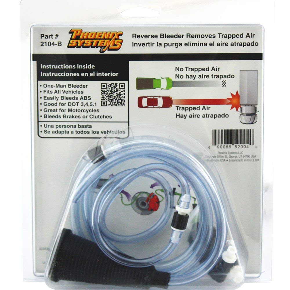 The image of the packaging for a V-5 DIY Reverse One-Man Brake Bleeder. It is a clear hose that is used to bleed the brakes on a car. The text on the package says that it is easy to use and can be used on all vehicles. It also says that it is good for DOT 3, 4, and 5.1 brake fluid.