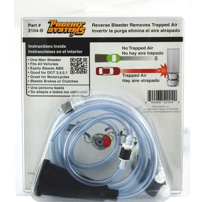 The image of the packaging for a V-5 DIY Reverse One-Man Brake Bleeder. It is a clear hose that is used to bleed the brakes on a car. The text on the package says that it is easy to use and can be used on all vehicles. It also says that it is good for DOT 3, 4, and 5.1 brake fluid.