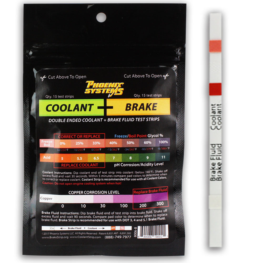 The image depicts a package of Coolant + Brake Fluid Test Strips by Phoenix Systems. It includes 15 strips with instructions for testing both coolant and brake fluid. To use, dip the designated end of the strip into the corresponding fluid, wait for the specified time, and compare the resulting pad color to a chart on the package to assess freeze/boil point, glycol content, corrosion levels, and the need for replacement.