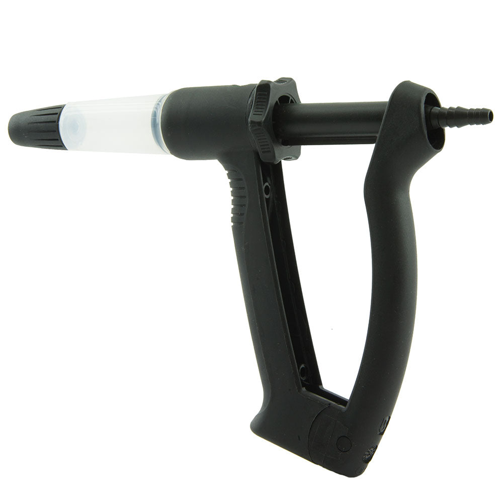 The picture is of a Phoenix Systems brake bleeding gun. A transparent syringe is fastened to the front of this black item. There is a plunger on top of the syringe. The air that is trapped in a car's brake system can be extracted using brake bleeding guns.