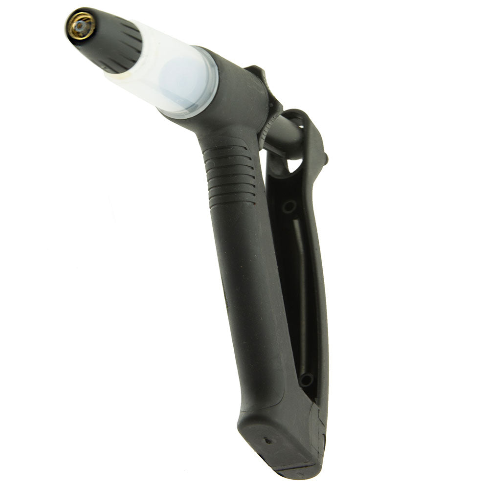 The picture is of a Phoenix Systems brake bleeding gun. A transparent syringe is fastened to the front of this black item. There is a plunger on top of the syringe. The air that is trapped in a car's brake system can be extracted using brake bleeding guns.