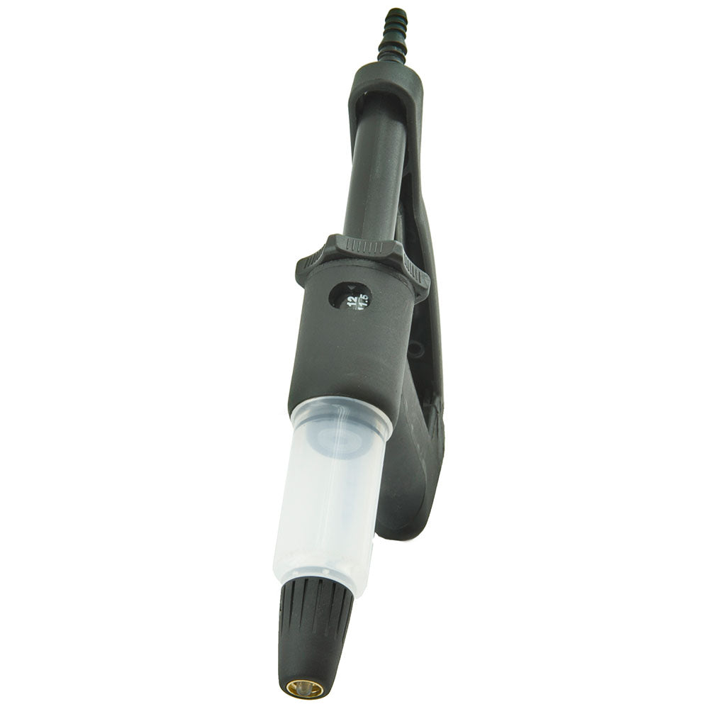 The picture is of a Phoenix Systems brake bleeding gun. A transparent syringe is fastened to the front of this black item. There is a plunger on top of the syringe. The air that is trapped in a car's brake system can be extracted using brake bleeding guns.