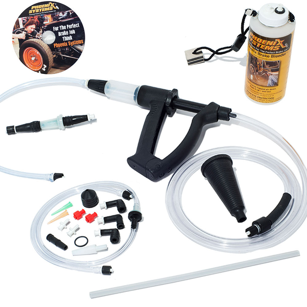 A syringe, a hose, a bottle of liquid, and several fittings are depicted in the picture. "Phoenix Systems" and "For The Perfect Brake Job Think Phoenix Systems" are written around the picture. A device called a brake bleeding kit is used to empty the braking system of a car. Air in the braking system can lessen stopping power and make the brakes spongy or soft.