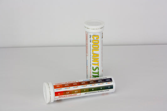 A package of coolant test strips is depicted, likely containing 100 strips. A chart on the package translates the color change of the dipped strip into coolant health readings like freezing point, boiling point, and acidity. This helps you decide if your car's coolant needs replacing to prevent engine overheating.