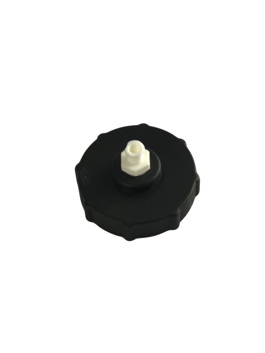 Black plastic BC-01 master cylinder cap with a white top. It is an individual cap adapter designed for Chrysler, Dodge, Jeep, and Plymouth master cylinder reservoirs.  These are low-pressure adapters designed for 15-17 psi.