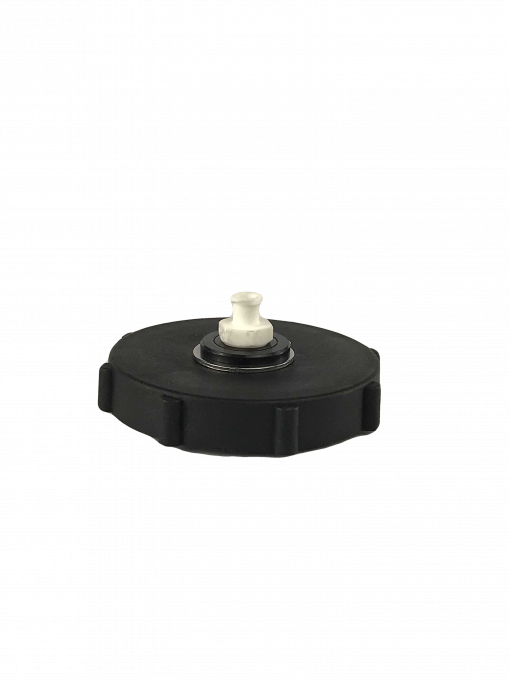 Black BC-03 Master Cylinder Cap Adapter with a white threaded top sits on a gray background. The adapter is designed for bleeding the brakes on Nissan and most late model GM vehicles. It is a low-pressure adapter, designed for 15-17 psi. It is made of durable plastic and is easy to install. The adapter creates a good seal on the master cylinder reservoir and is easy to identify with its  threaded top.