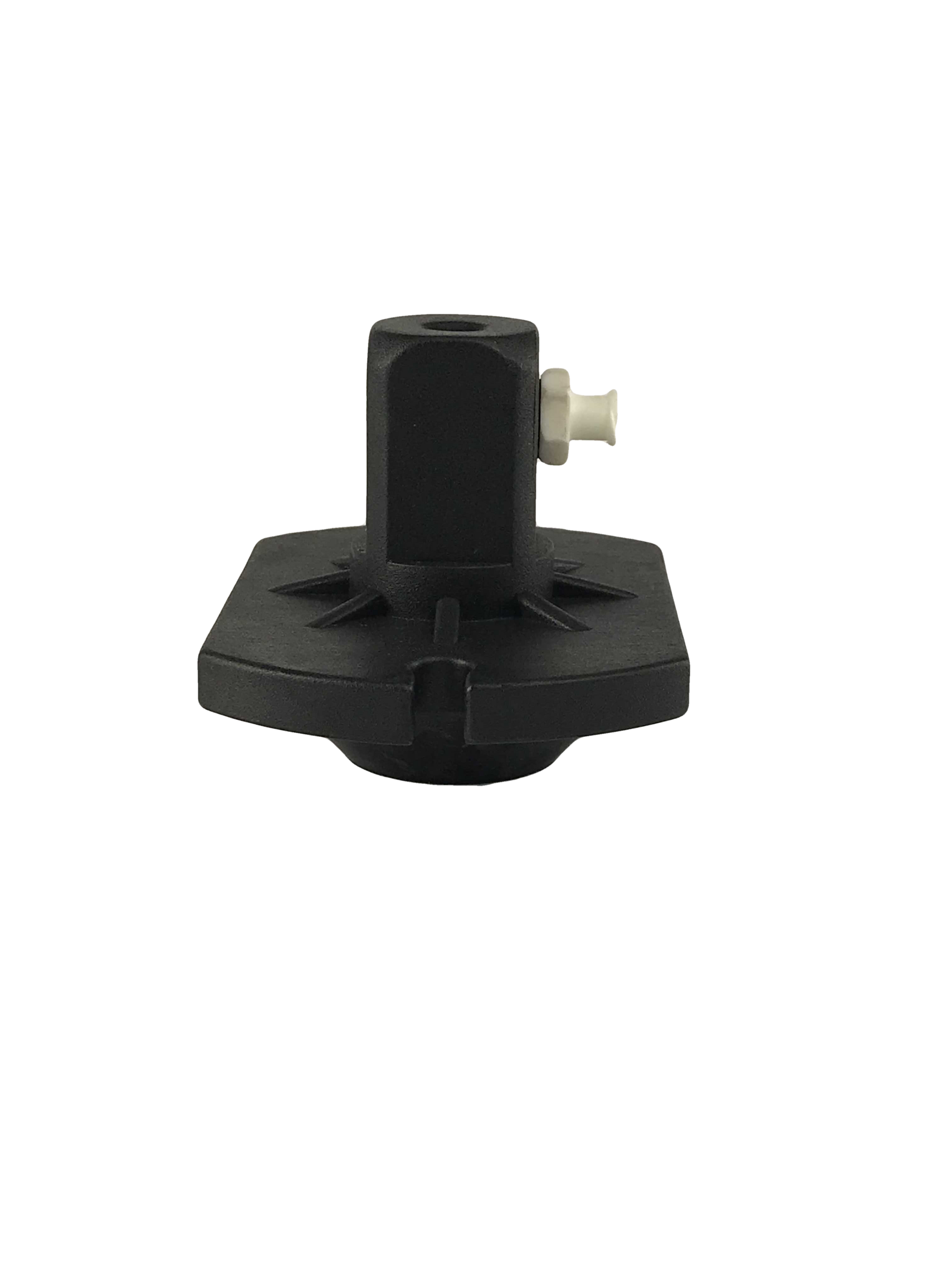 This is a black and white image of a tool called a BC-0712 Master Cylinder Cap Adapter. It's used for car maintenance, specifically bleeding brakes. The adapter itself is round and black with ridges on the outside. In the middle, there's a white knob made of plastic.