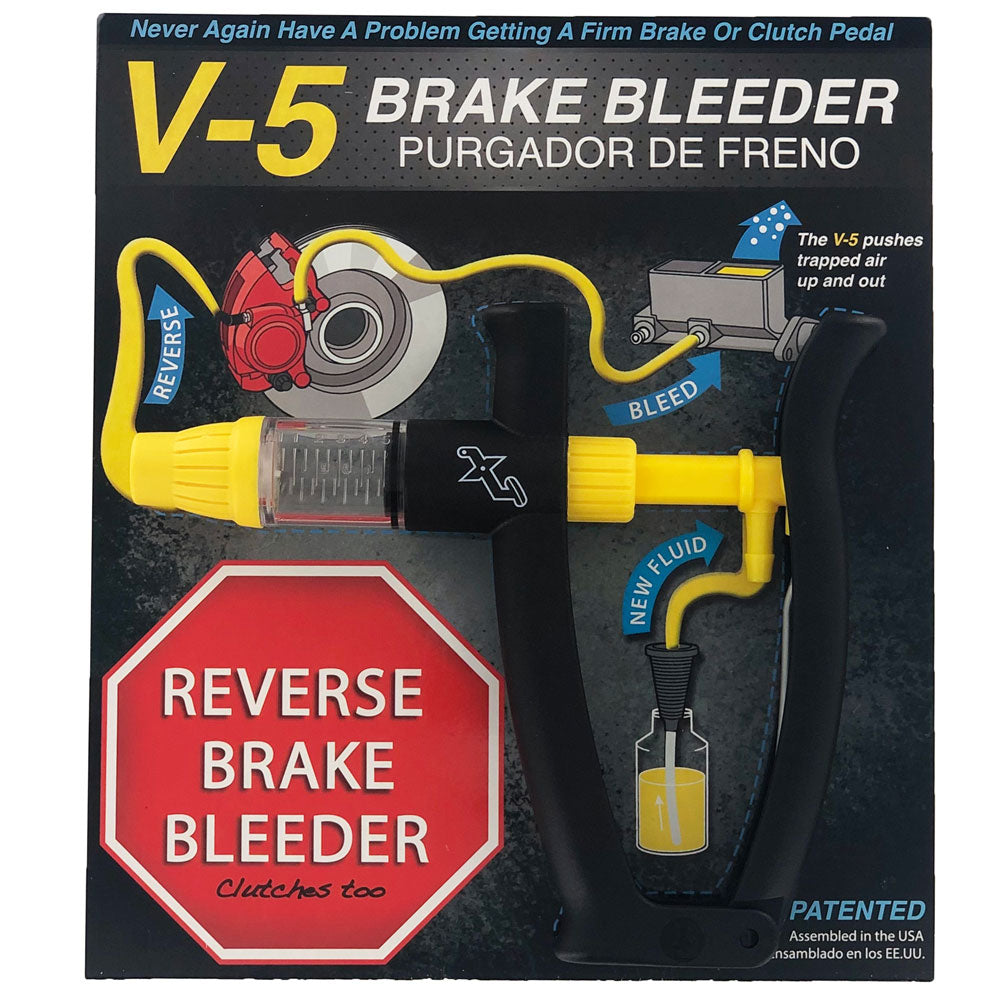 The image depicts a red, white, and black box containing the V-5 DIY Reverse One-Man Brake Bleeder. Text on the box highlights its ability to purge trapped air for firmer brake pedals and clutch operation, with a diagram illustrating the tool's reverse bleeding technology. While the size and weight of the bleeder itself aren't shown, the box mentions U.S. assembly and compatibility with clutches.