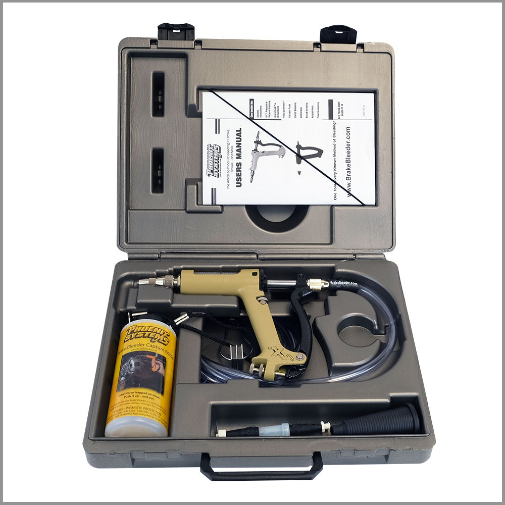 The picture displays a brake bleeding mechanism. It is made up of a red-labeled metal canister. The canister has a hose attached to it, and at the other end of the hose is a syringe. The complete kit is housed in a specially designed case.